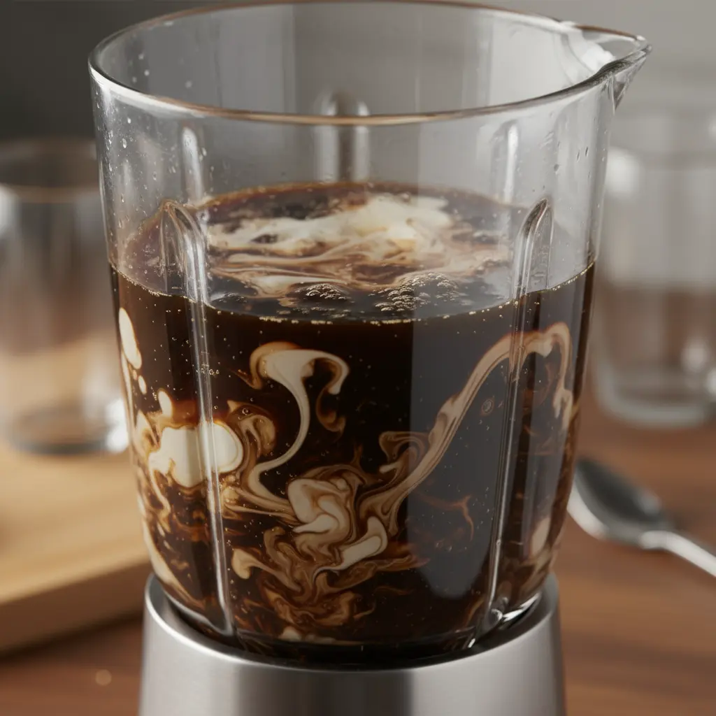 Malta oscura y leche condensada cremosa mezclándose en licuadora, efecto marmoleado.
