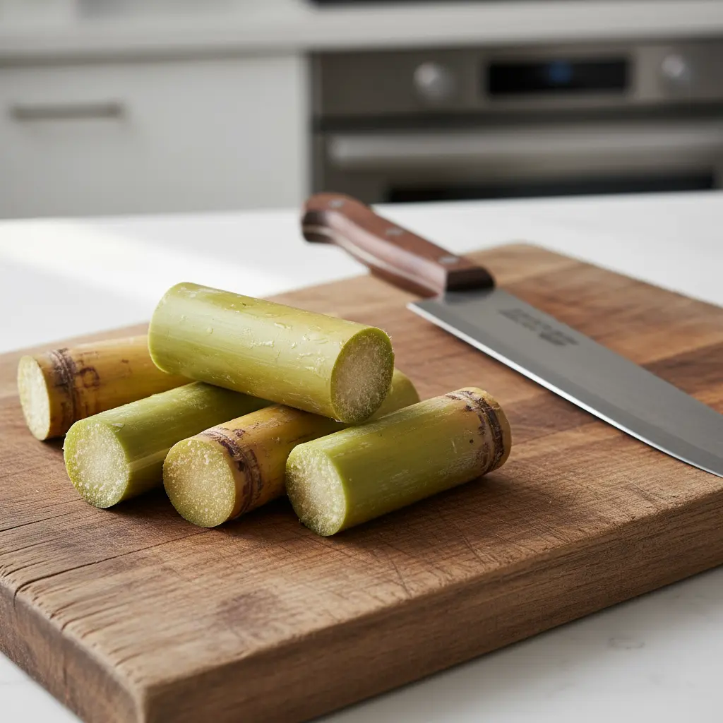 Caña de azúcar pelada y cortada en trozos sobre tabla de madera, pulpa verde brillante.