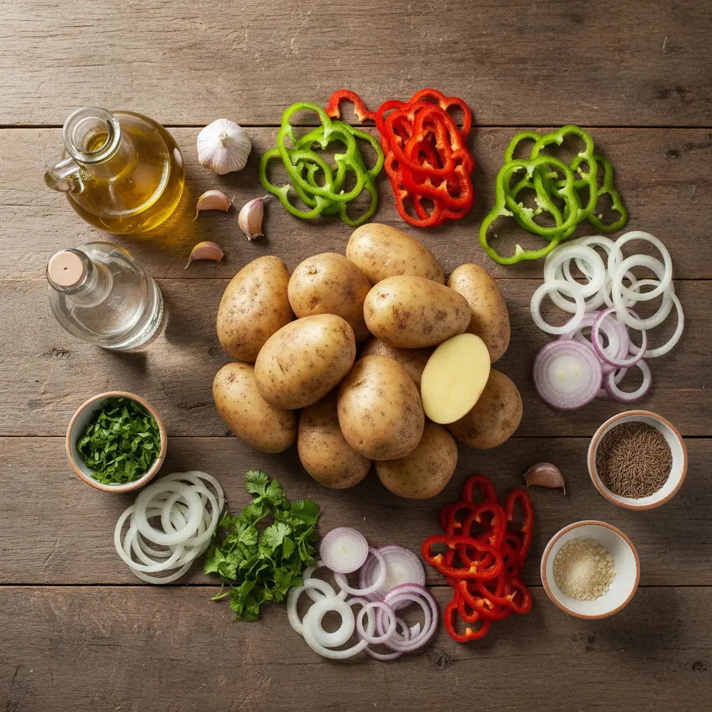 Ingredientes para Escabeche Auténtico Ingredientes frescos para pure de papas en escabeche: papas, cebollas, pimientos, ajos y especias.
