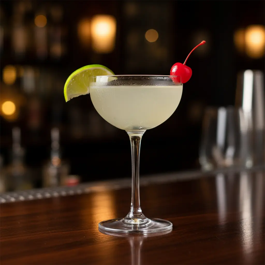 Daiquiri refrescante en barra de madera Daiquiri clásico en copa coupe, líquido amarillo pálido, lima y cereza en borde.