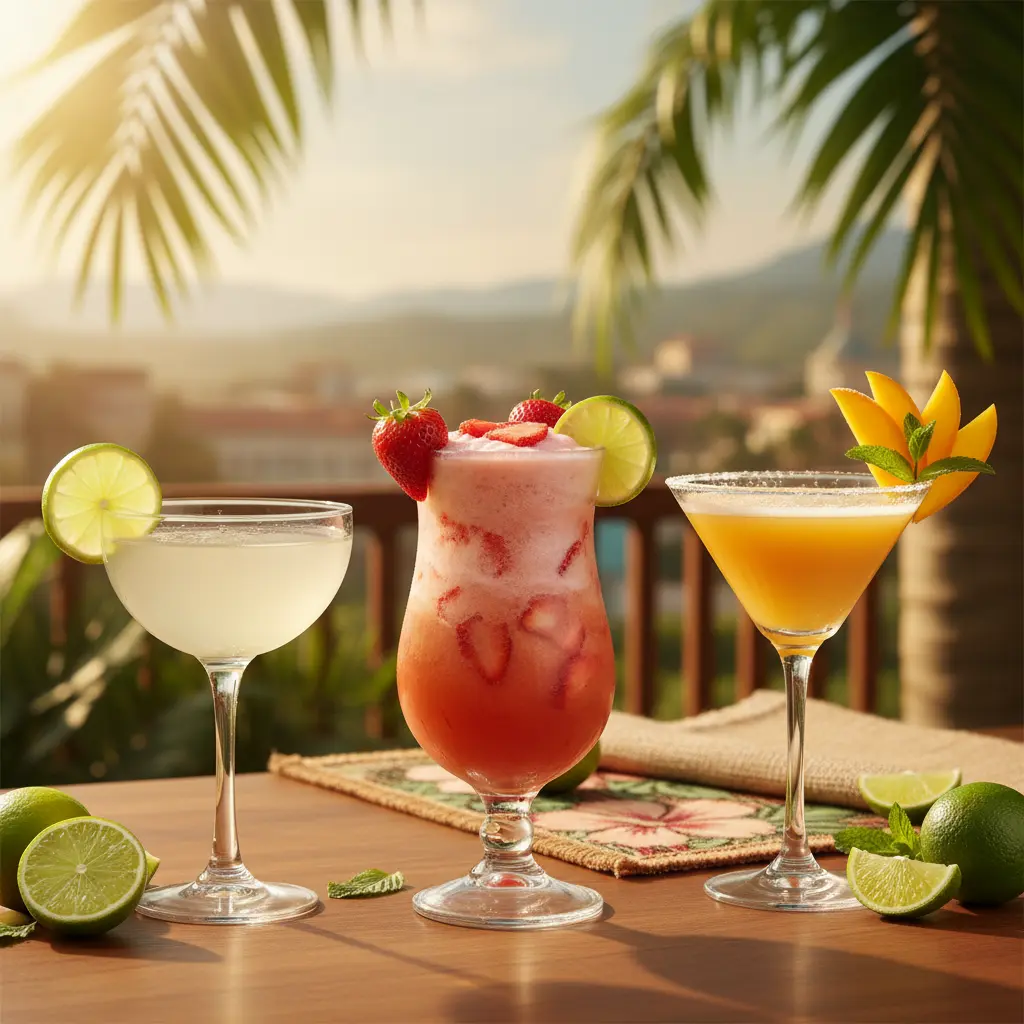 Daiquiris tropicales: Clásico, Fresa y Mango Tres Daiquiris: clásico, fresa y mango, en barra tropical con luz solar.