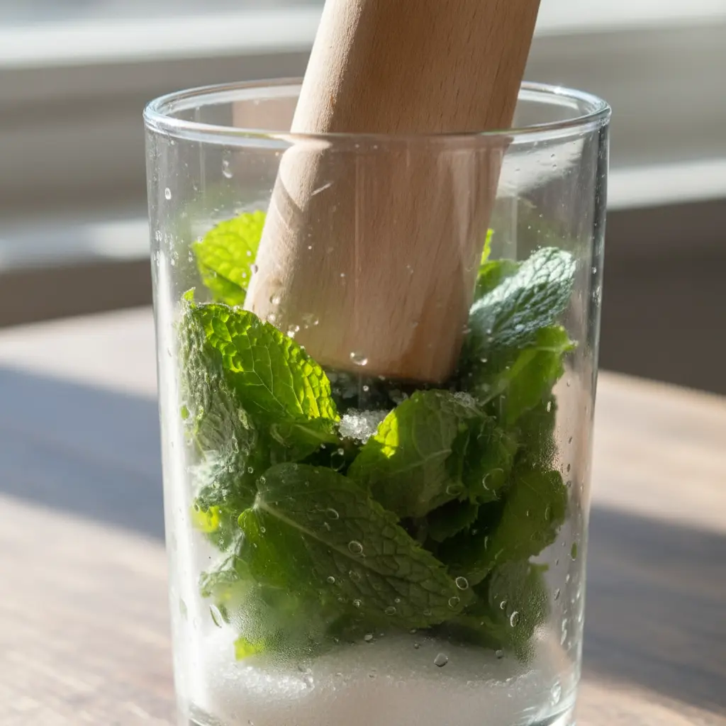 Macerando menta fresca y azúcar en vaso alto con mazo de madera.
