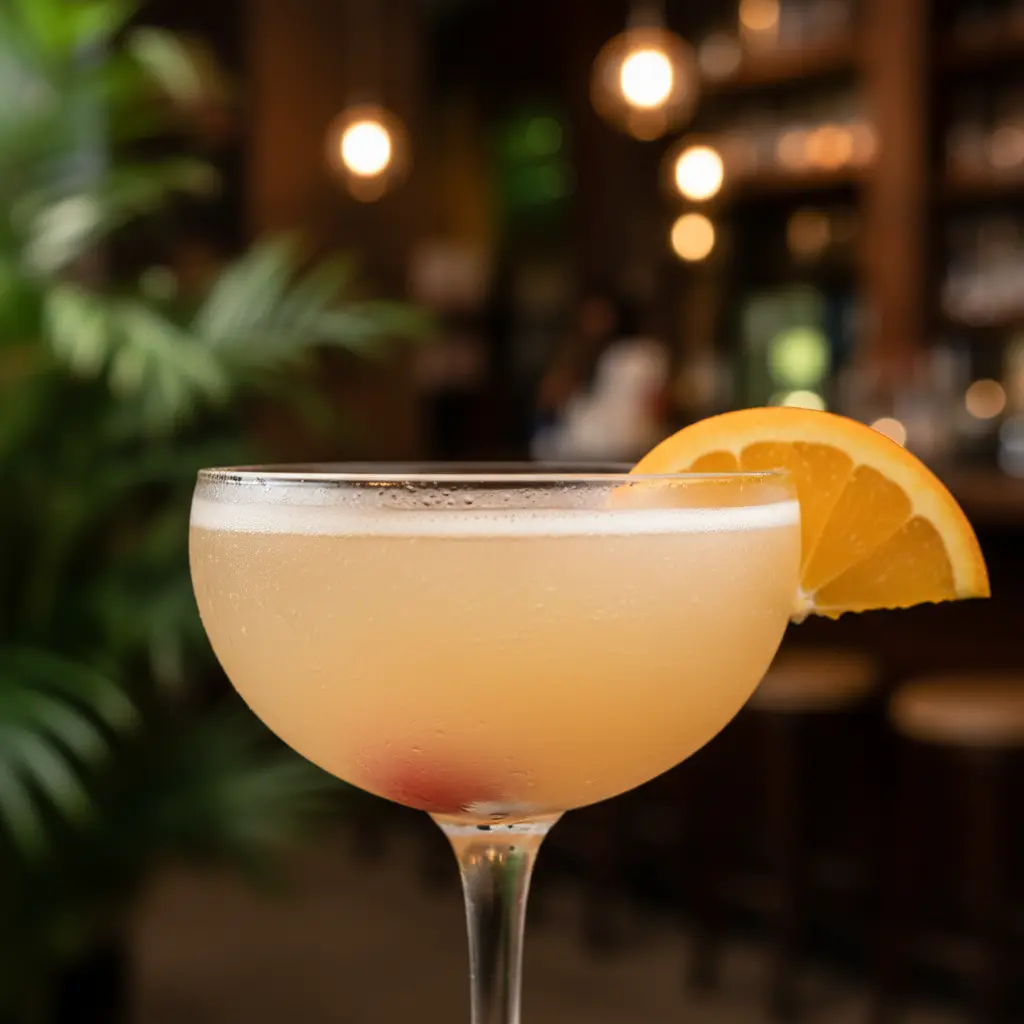 Daiquiri de naranja perfecto en copa fría, con naranja y cereza. Elegante y tropical.