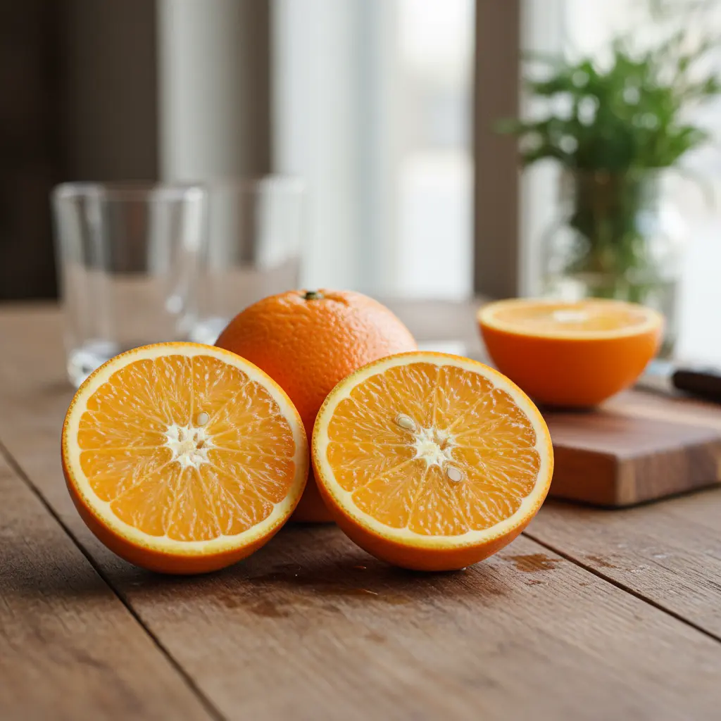 Naranjas frescas cortadas y enteras, jugosas y vibrantes, sobre madera rústica.