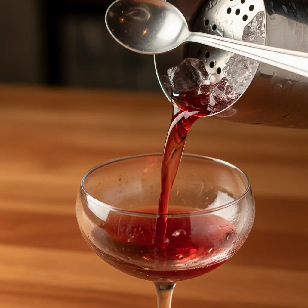 Daiquiri de cereza rojo vibrante vertiéndose en copa coupe helada