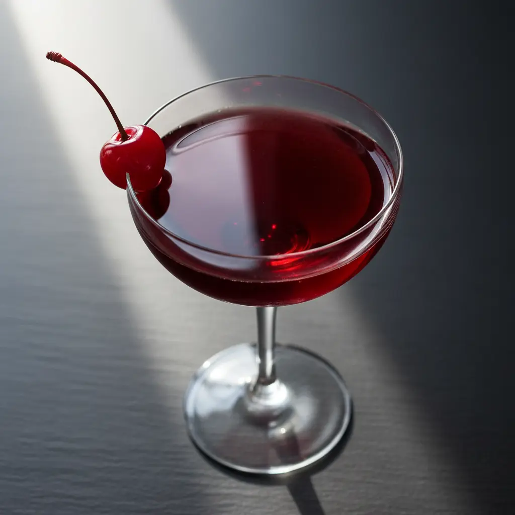 Daiquiri de cereza ruby en copa coupe, con cereza en el borde. Vista aérea.