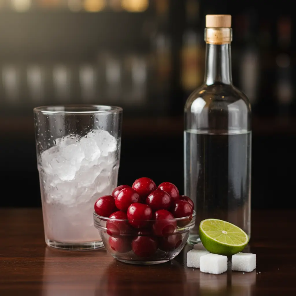 Ingredientes frescos para daiquirí de cereza cubano: cerezas, ron, lima, azúcar y coctelera.