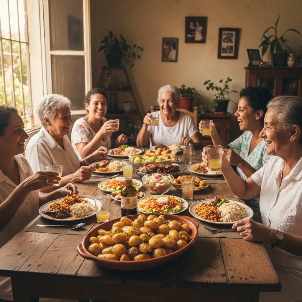 Familia cubana compartiendo papas asadas en una mesa festiva.