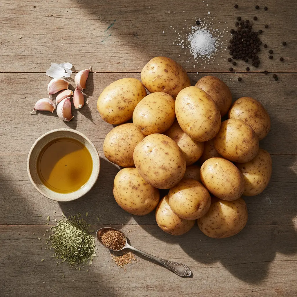 Ingredientes frescos para papas asadas cubanas: papas, aceite de oliva, ajo, especias.