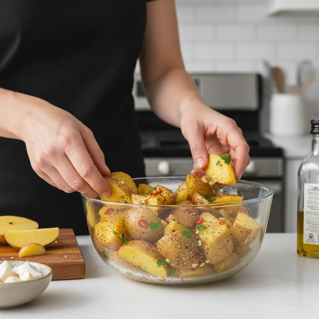 Mezclando papas con aceite y especias para asar.