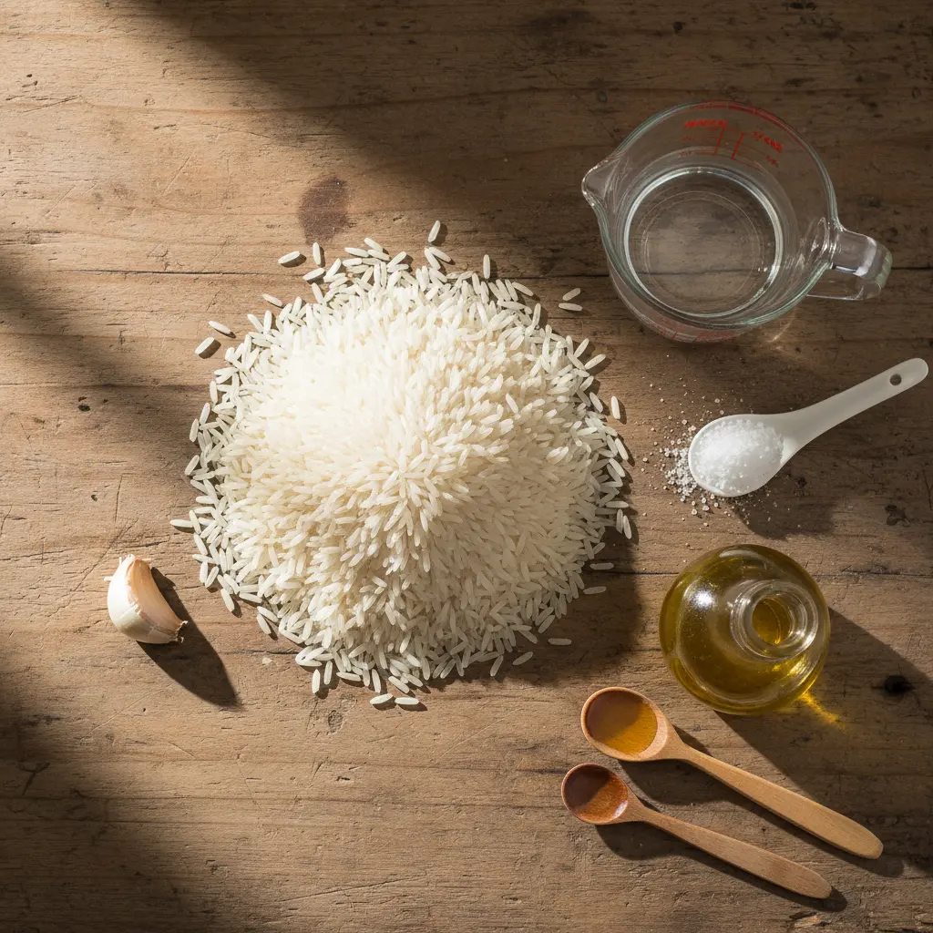 Arroz Blanco Cubano: Ingredientes para Cocinar Ingredientes crudos para arroz blanco cubano: arroz, agua, aceite, sal y ajo.