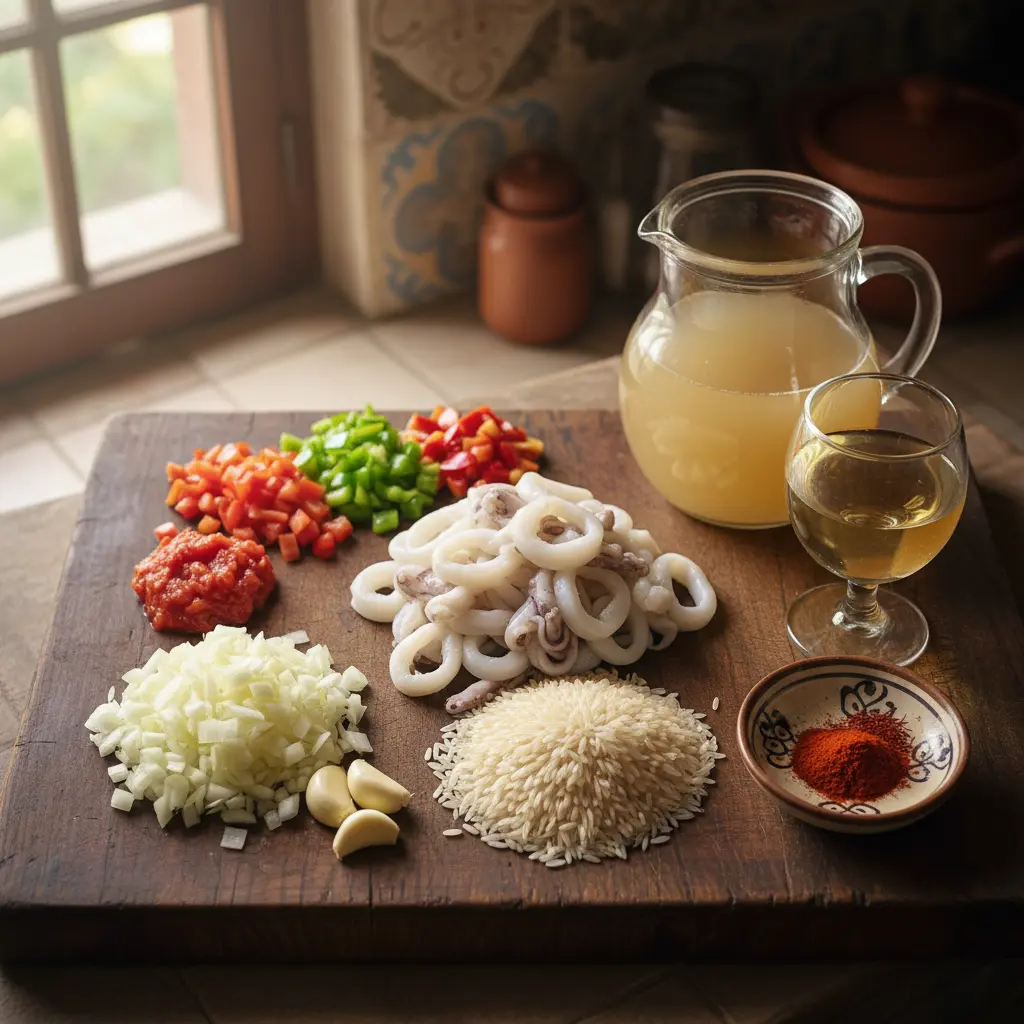 Ingredientes frescos para arroz con calamares: calamares, arroz, pimientos, cebolla, ajo, tomate, vino, pimentón, azafrán, caldo.