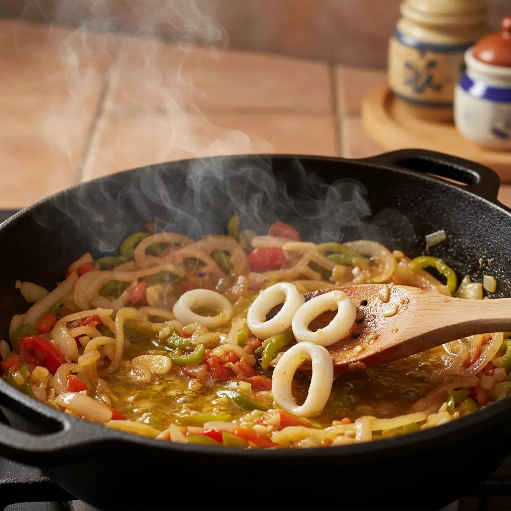 Sofrito cubano con calamares en caldero, vapor y aceite de oliva.
