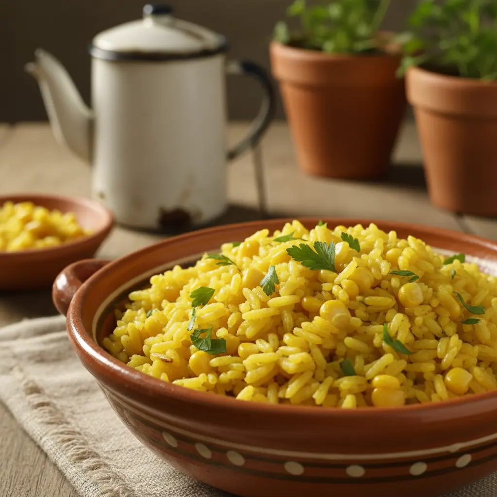 Arroz con maíz cubano, amarillo, con granos de maíz blanco, perejil fresco, en cuenco de cerámica.