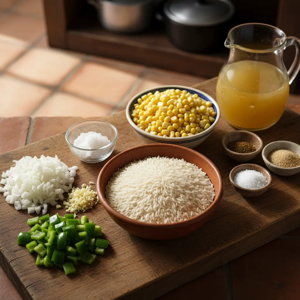 Ingredientes frescos para arroz con maíz cubano: arroz, maíz, cebolla, ajo, pimiento, aceite, caldo, especias.