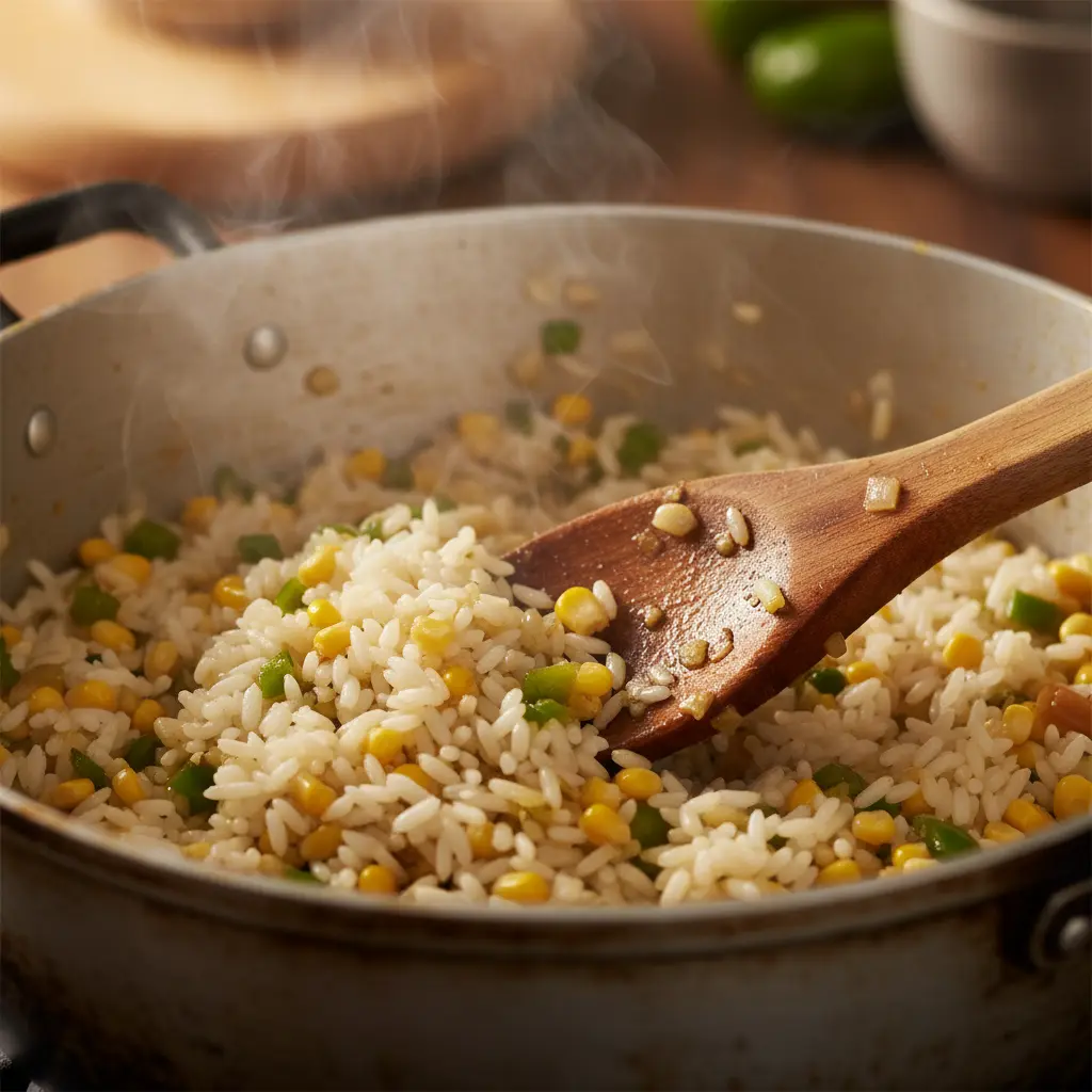 Sofrito de arroz y maíz en caldero cubano con cuchara de madera, vapor suave.