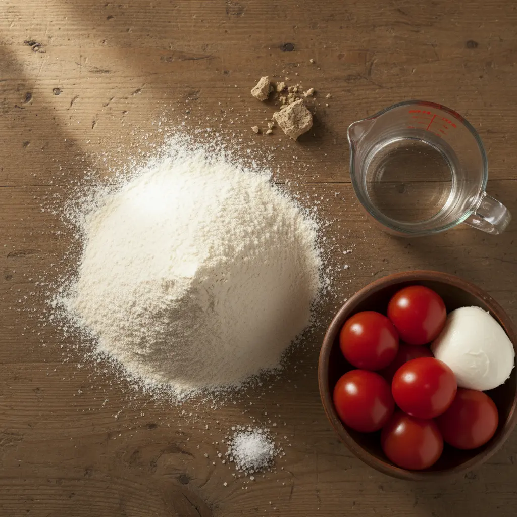 Ingredientes para masa de pizza casera Ingredientes para masa de pizza: harina '00', agua, levadura, sal, tomates San Marzano y mozzarella.