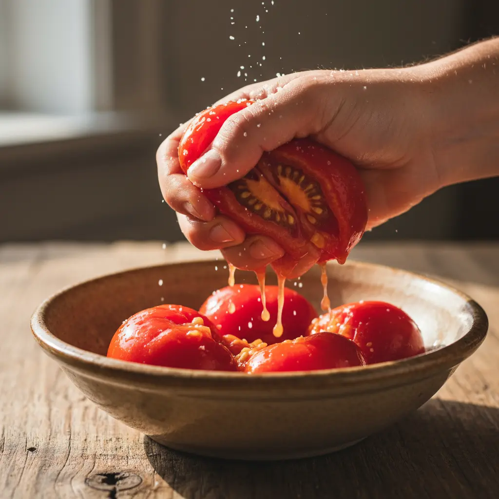 Triturando tomates San Marzano frescos Mano triturando tomates San Marzano maduros, sal, luz natural, mesa rústica.