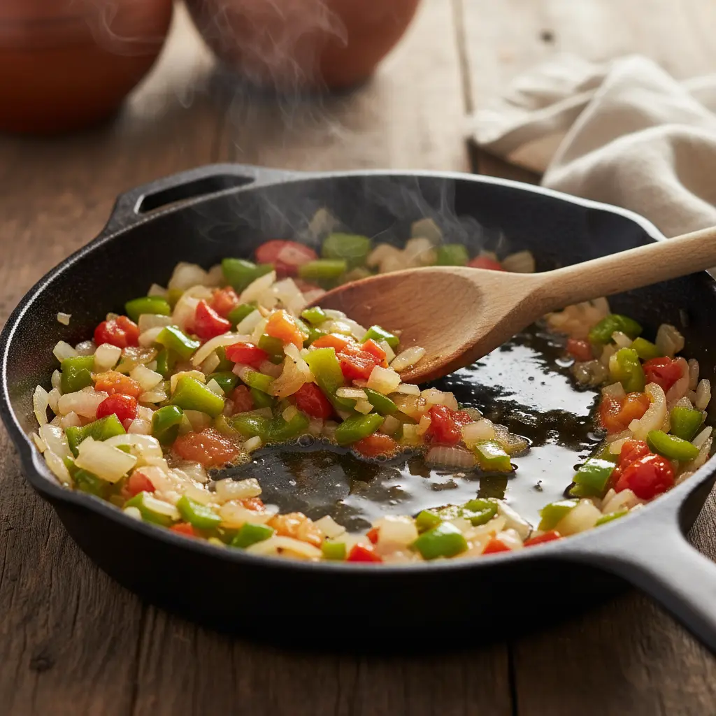 Sofrito cubano: Sabor y frescura en la cocina Sofrito cubano vibrante en sartén de hierro, con cebolla, pimiento verde y tomate.