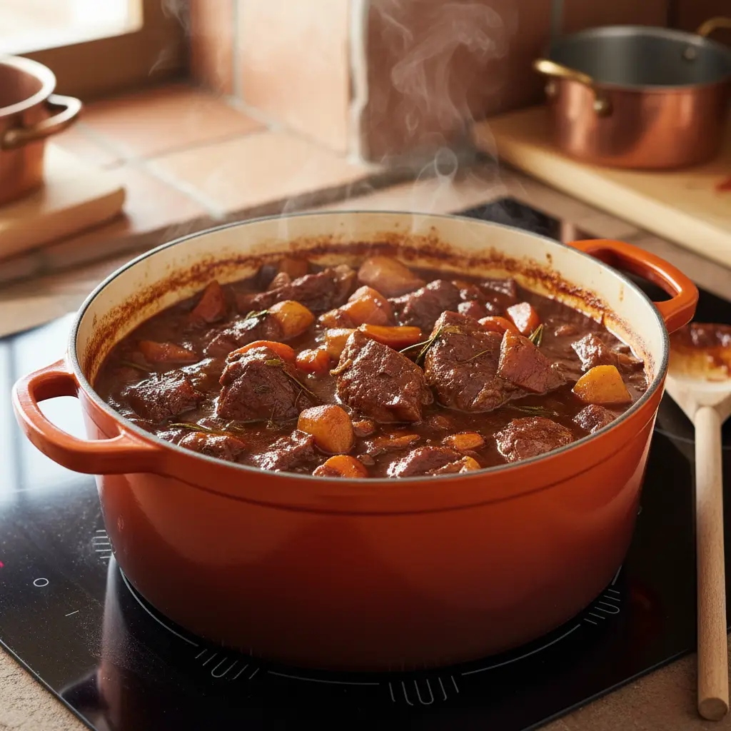 Carnero estofado cocinándose a fuego lento en una olla pesada.