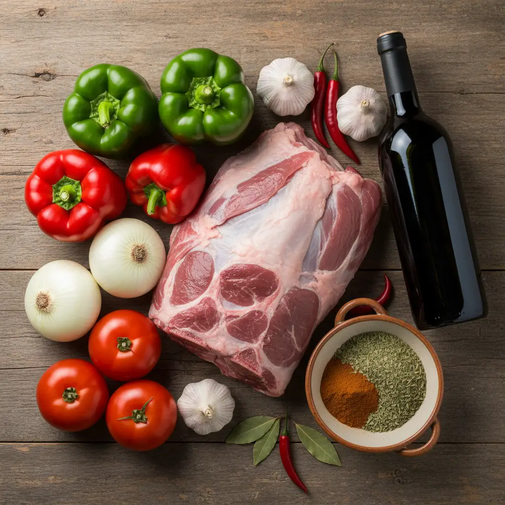 Ingredientes frescos para carnero estofado cubano: cordero, verduras y especias.