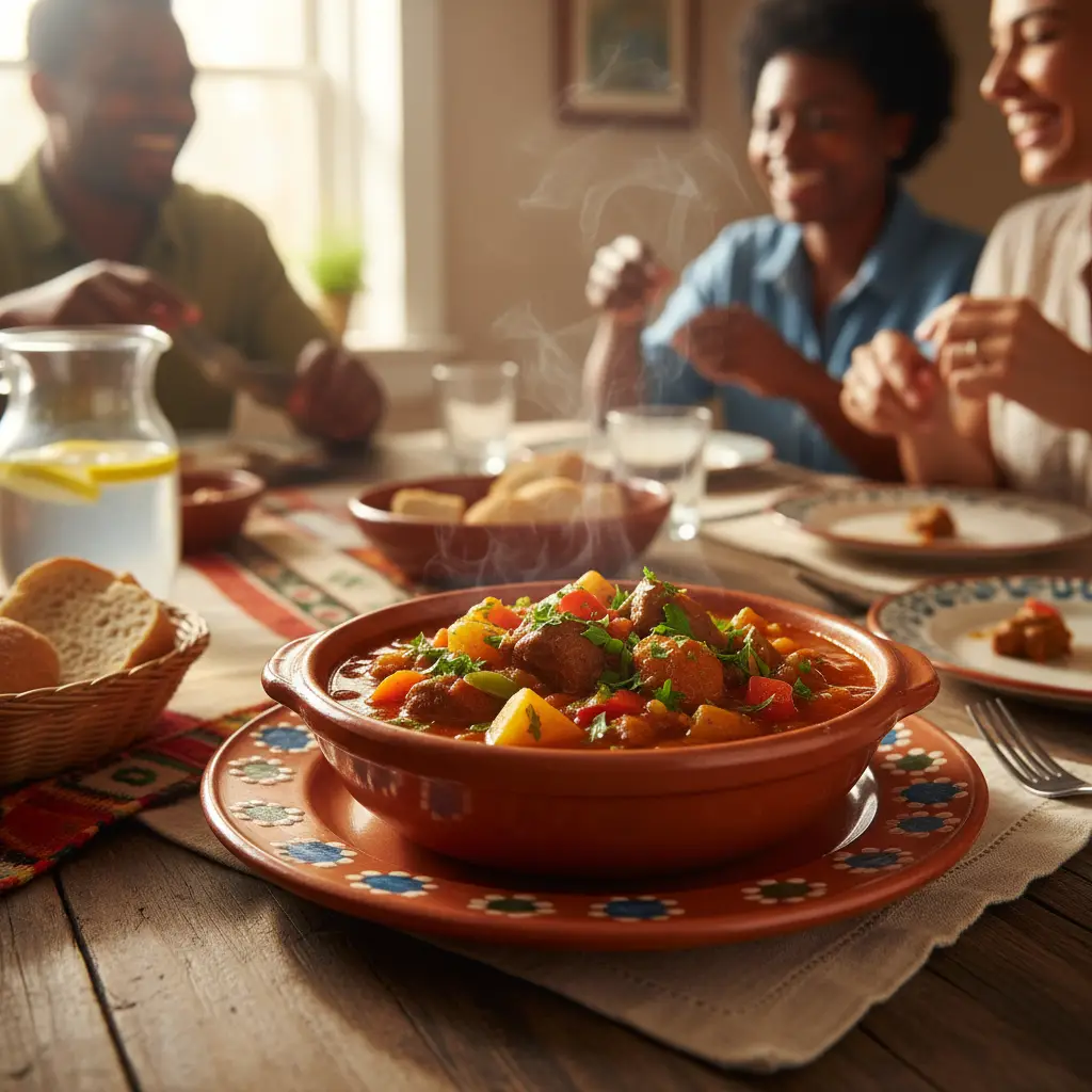 Plato humeante de carnero estofado cubano, adornado con perejil.