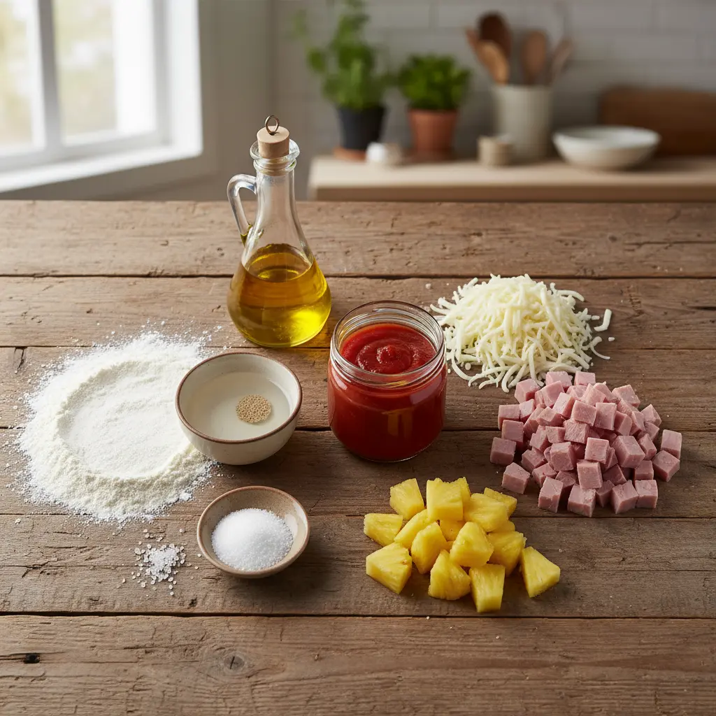 Ingredientes frescos para pizza cubana hawaiana: harina, levadura, tomate, jamón, piña y queso.