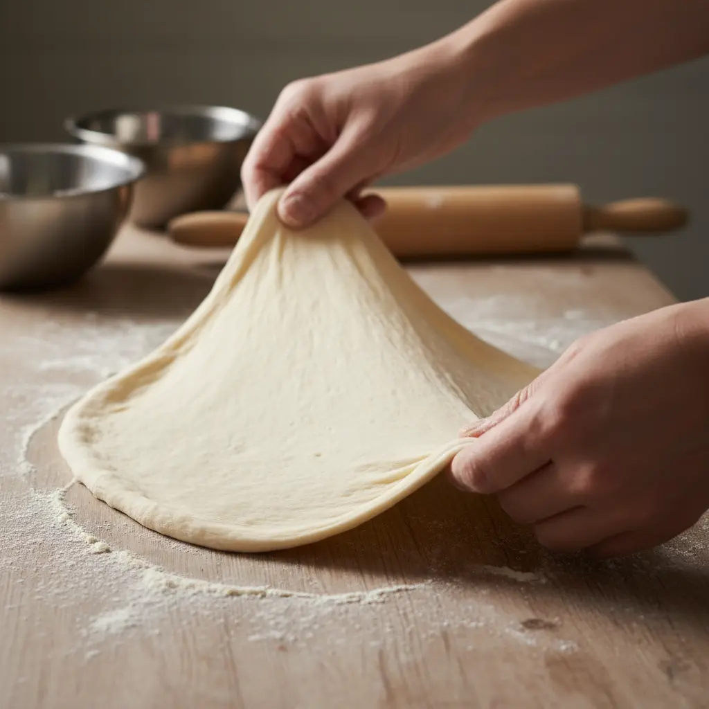 Masa de pizza estirándose en círculo sobre madera enharinada. Elasticidad visible.