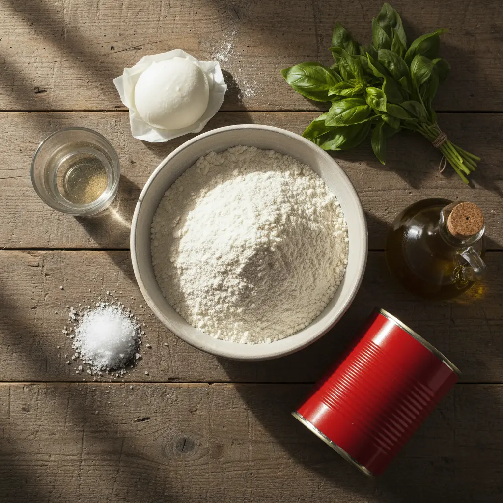 Ingredientes frescos para pizza cubana margarita: harina, agua, levadura, sal, aceite, tomates, mozzarella, albahaca.