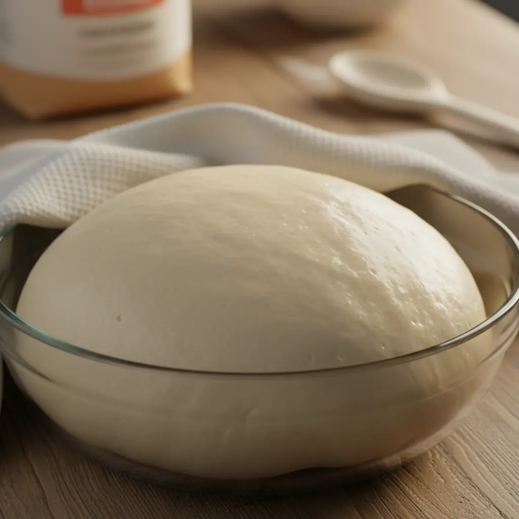 Masa de pizza margarita levada en bol aceitado, cocina cálida, toalla.