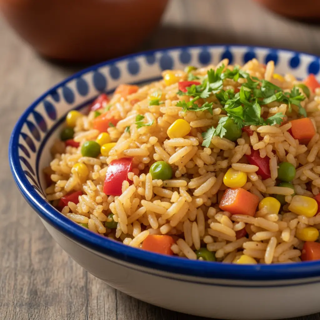 Arroz salteado cubano con pimientos, zanahoria, guisantes, maíz y cilantro fresco.