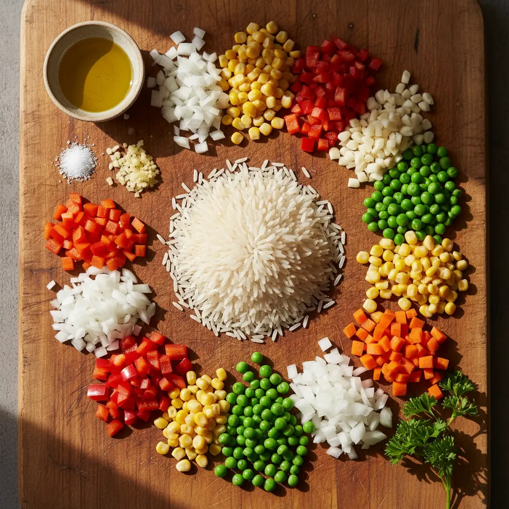 Ingredientes frescos para arroz salteado cubano: arroz, cebolla, pimientos, ajo, guisantes, zanahoria, maíz, aceite y perejil.