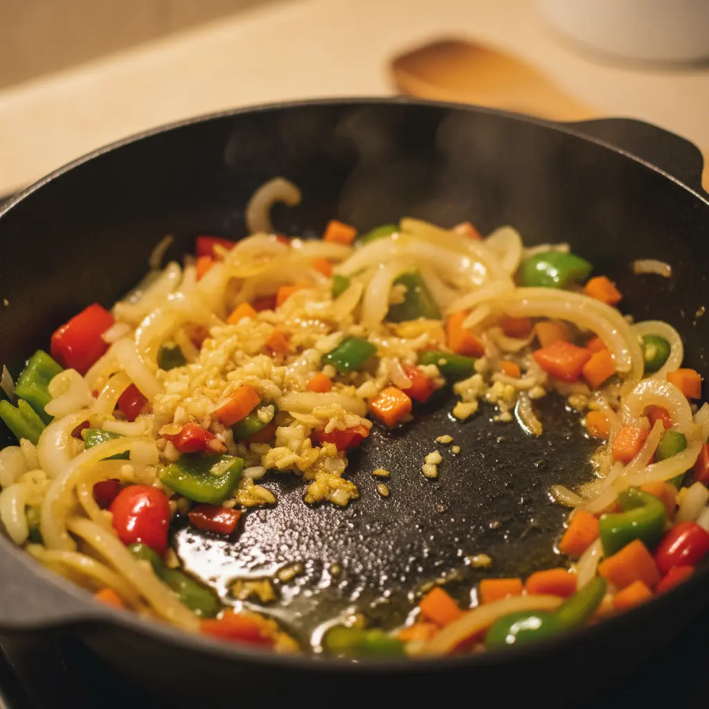 Sofrito cubano en caldero: cebolla dorada, ajo, pimientos y zanahoria.
