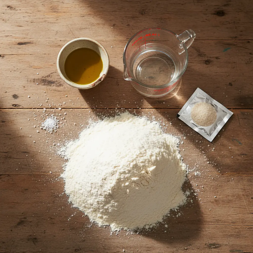 Masa de Pizza Cubana: Ingredientes Frescos Ingredientes frescos para masa de pizza cubana: harina, agua, levadura, sal, aceite de oliva.