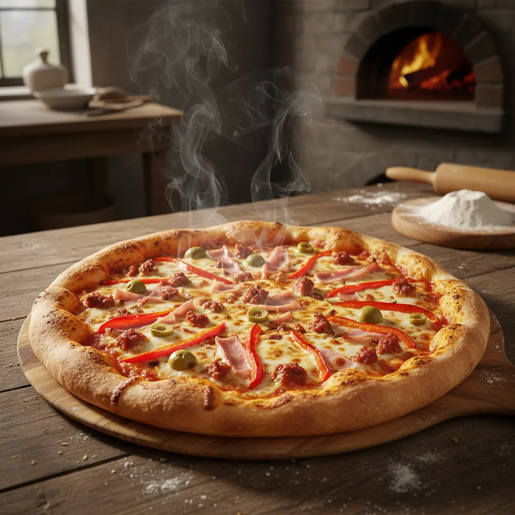 Deliciosa Pizza Cubana Recién Horneada Pizza cubana dorada, queso burbujeante y vapor. Cocina rústica.