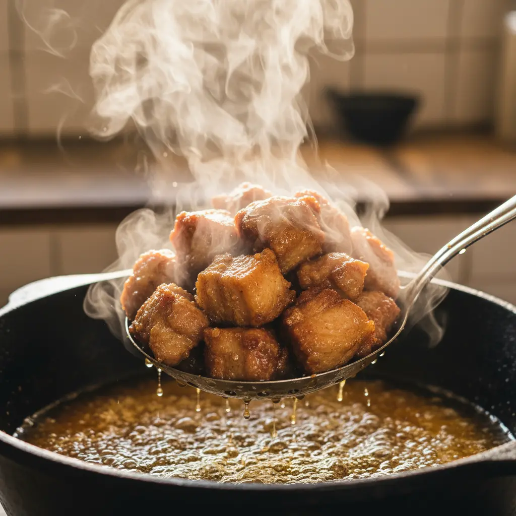 Chicharrón de cerdo frito dorado, saliendo del aceite caliente en caldero cubano.