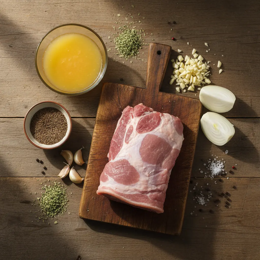 Ingredientes frescos para cerdo frito cubano: paleta de cerdo, ajo, cebolla, cítricos, comino, orégano, sal y pimienta.