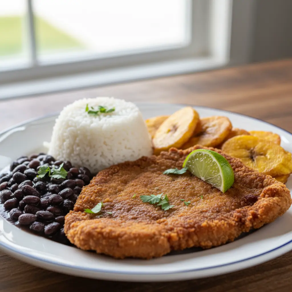 Bistec empanizado cubano, arroz blanco, frijoles negros y tostones con lima y cilantro.