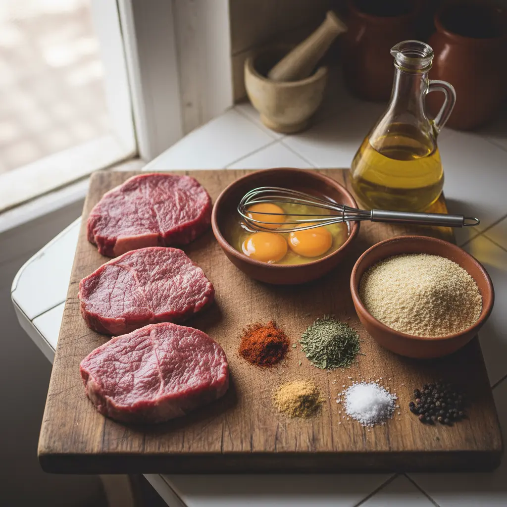Carne de res cruda, huevos, pan rallado y especias para cocinar en tabla de madera rústica.