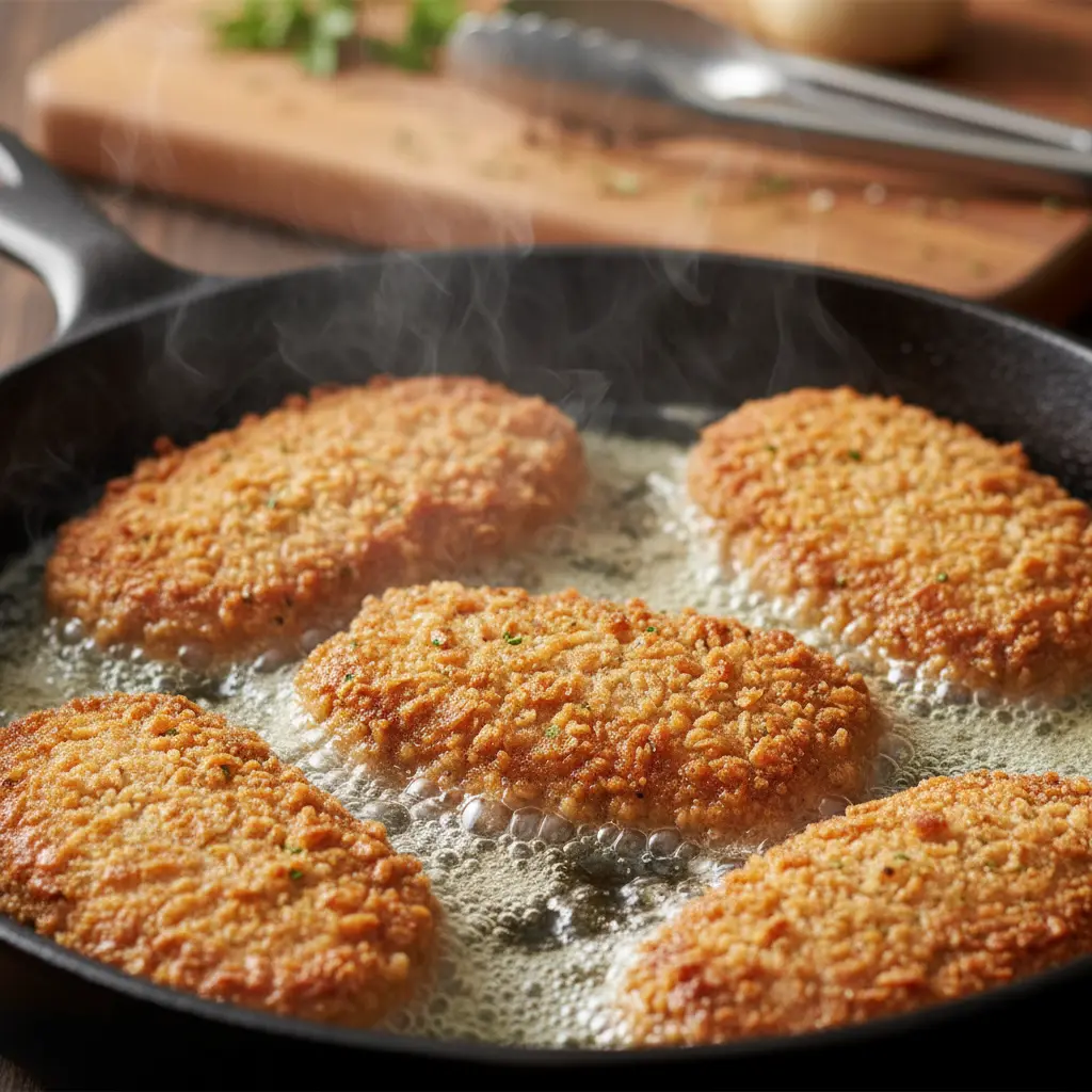 Filetes de res dorados y empanizados friéndose en sartén con aceite burbujeante y vapor.