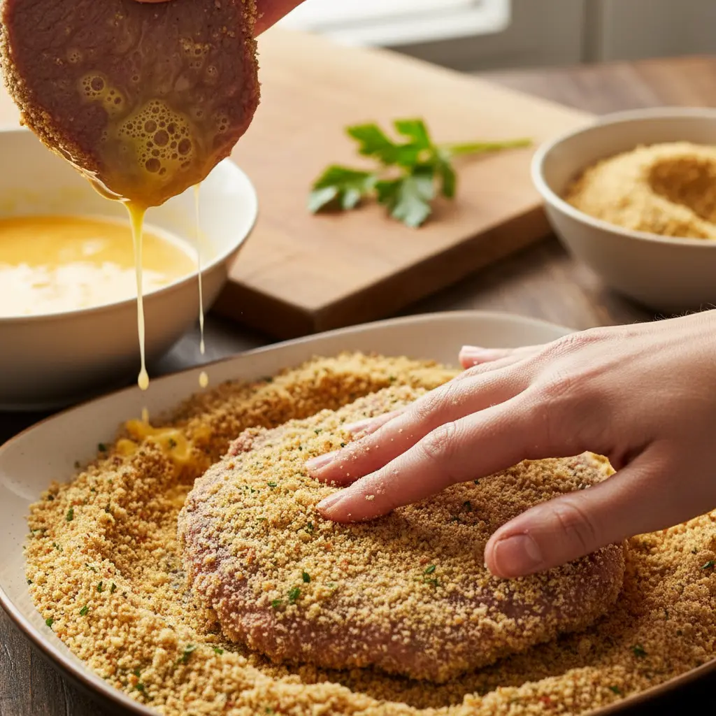 Proceso de empanar filete de res: sumergir en huevo batido y cubrir con pan rallado sazonado.