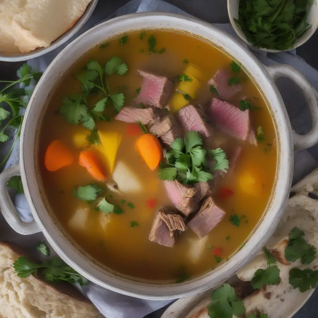 Plato humeante de Ajiaco Criollo cubano con carne y viandas