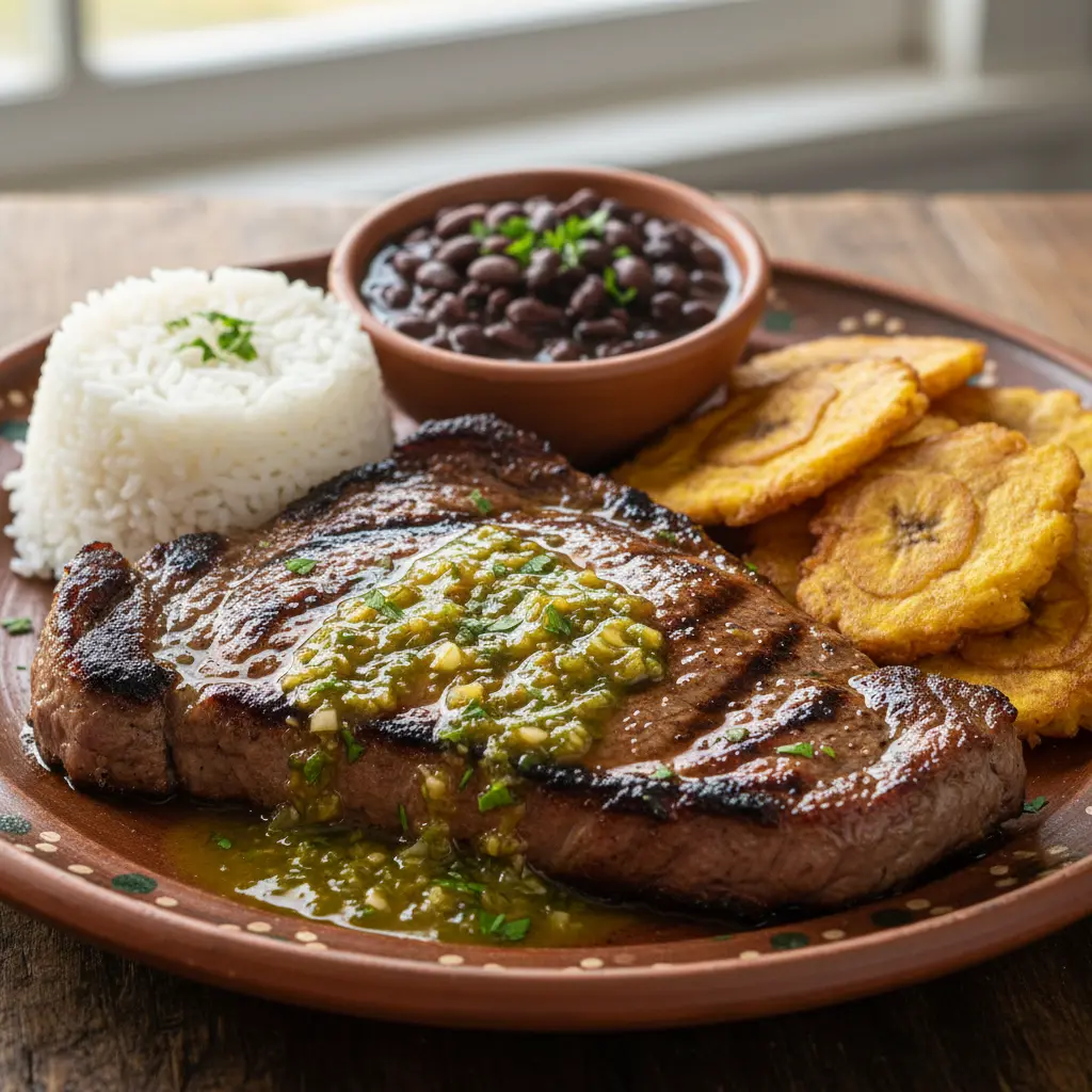 Bistec Asado Cubano: Sabor Auténtico Bistec asado cubano con tostones, arroz y frijoles negros. Plato rústico.