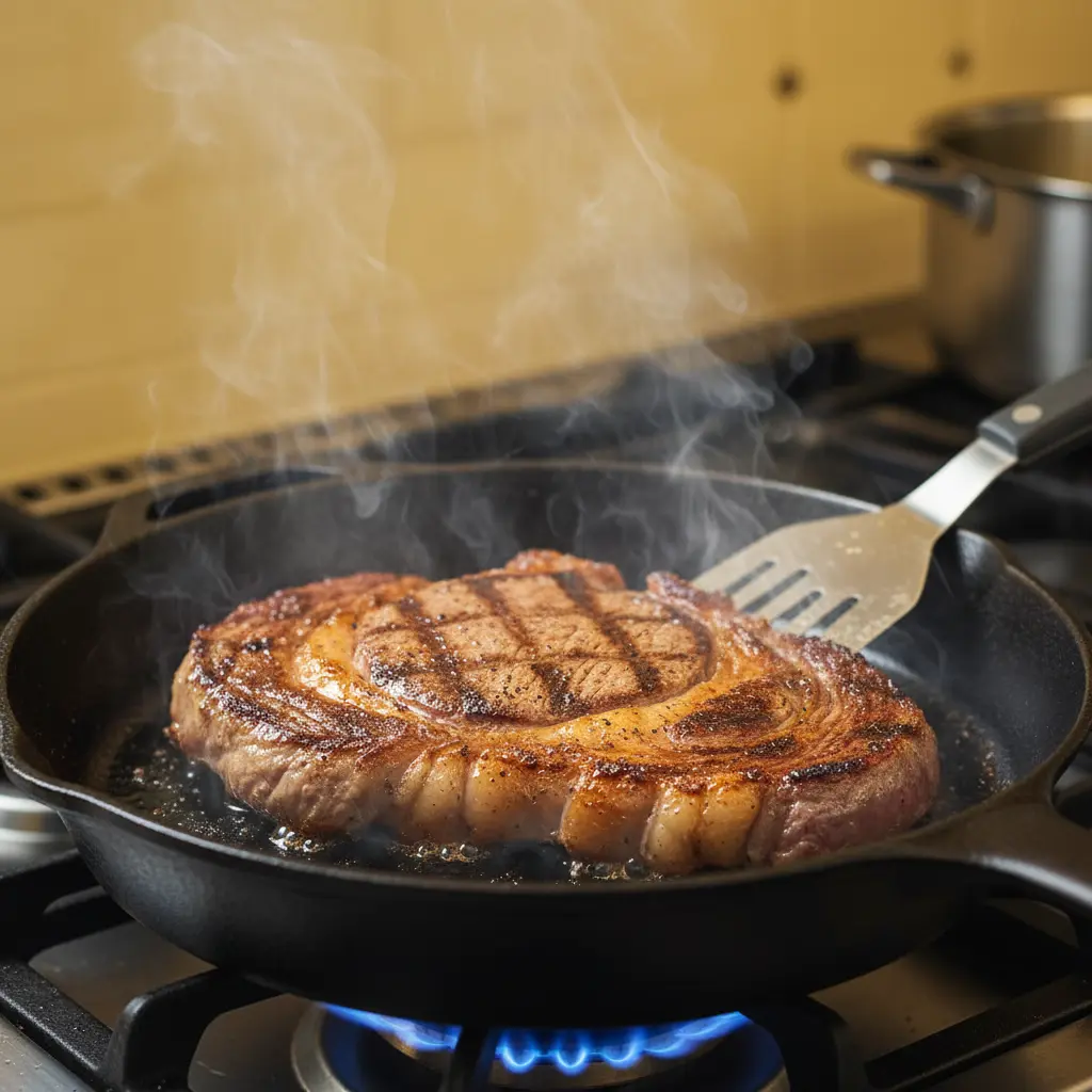 Bistec sizzle en sartén de hierro Bistec grueso de res dorándose en sartén de hierro fundido, con marcas de parrilla.
