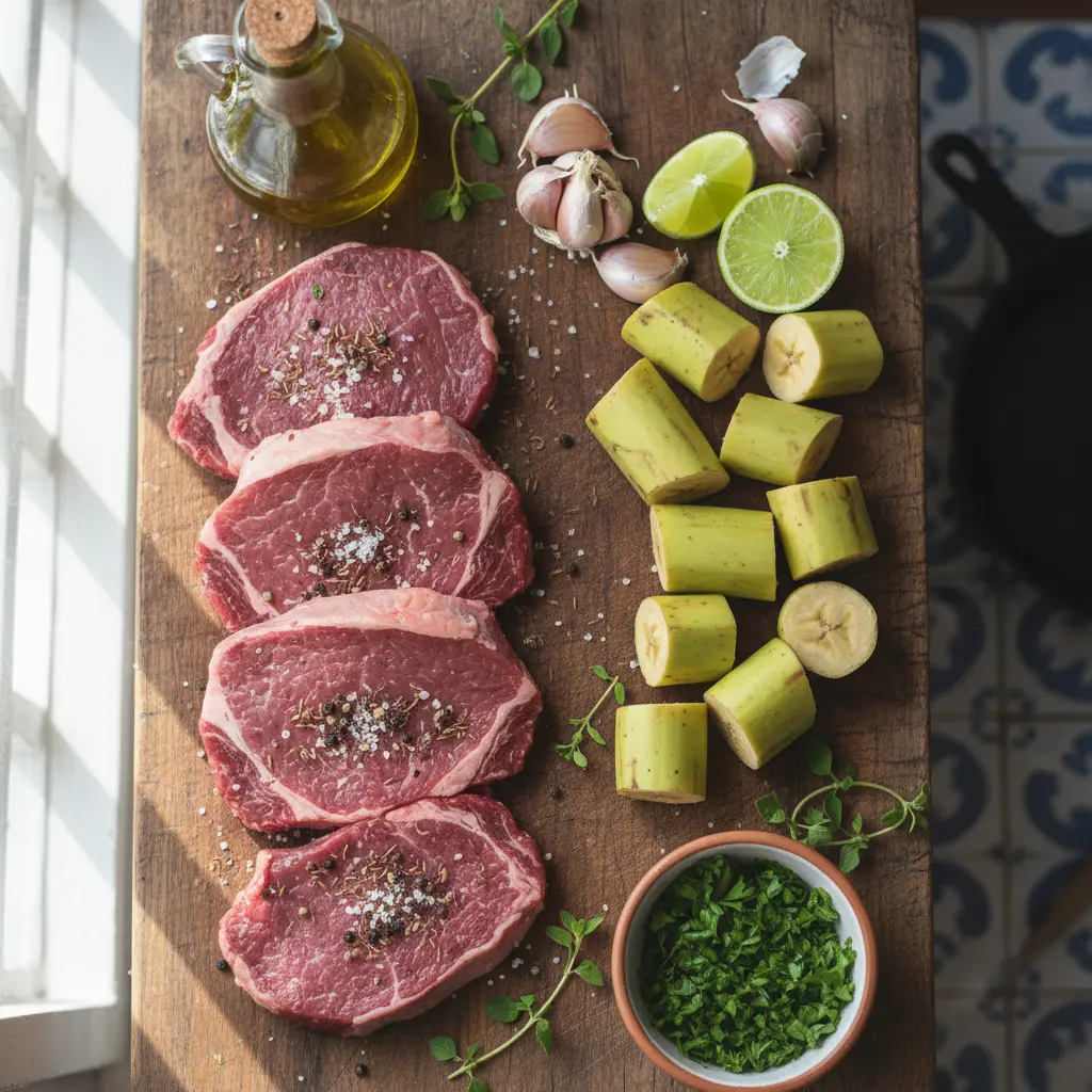 Bistec Asado y Tostones: Ingredientes Cubanos Ingredientes crudos para bistec asado cubano y tostones: carne, plátanos, ajo, limones, hierbas.