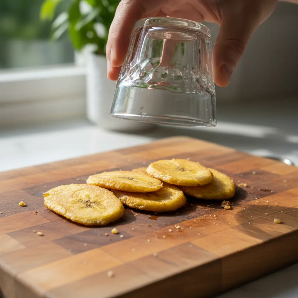 Aplastando plátano verde para tostones Plátano verde en tostones aplastado con vaso en tabla de madera.