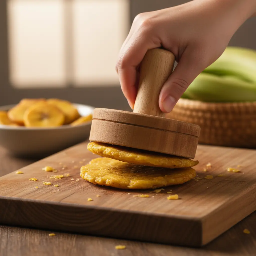 Aplastando trozos de plátano frito para hacer tostones.