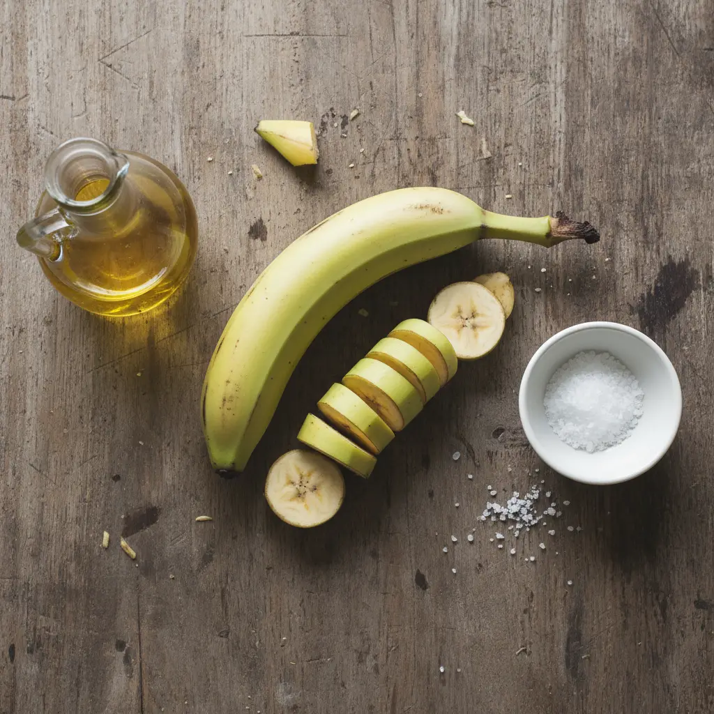 Ingredientes para tostones cubanos: plátanos verdes, sal y aceite.