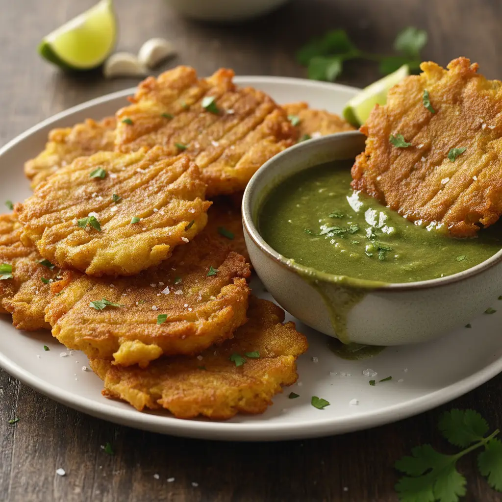 Tostones cubanos crujientes servidos con mojo de ajo.