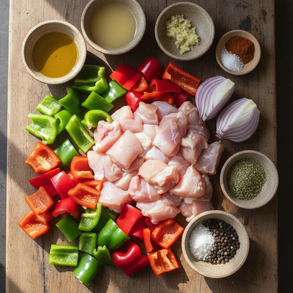 Ingredientes frescos para brochetas de pollo cubano: pollo, pimientos, cebolla, aceite, limón, especias.